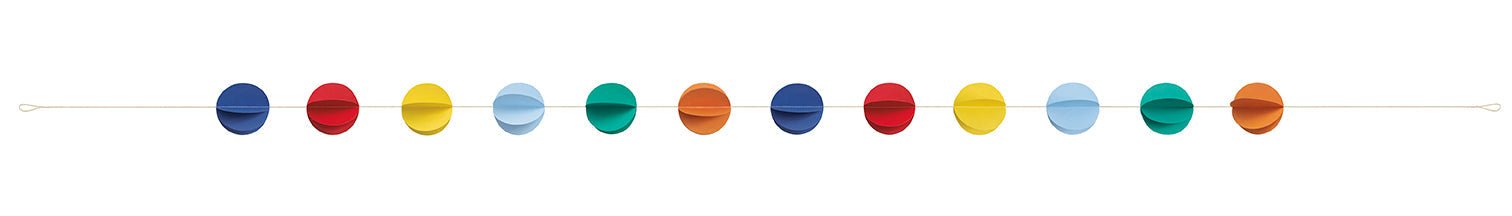 Twelve colorful translucent balls in dark blue, red, yellow, light blue, teal, and orange arranged in a repeating pattern strung along a thin wire garland.