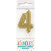 Gold number 4 shaped birthday candle in retail packaging with colorful "Birthday Candle Bougie" branding on white cardboard.