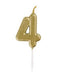 Gold numeral 4 shaped birthday cake candle with a white stick, displayed against a white background.
