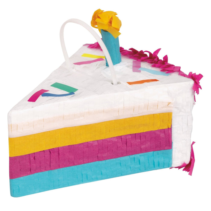 Colorful layered cake slice pinata decoration with white frosting top, yellow, hot pink, and turquoise cake layers, decorative ribbons and tassels, and a yellow flower topper with handle.