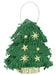 Green mini Christmas tree piñata with shredded fringe texture, decorated with gold stars and pearl ornaments, featuring a white handle and cream-colored fringe trunk.
