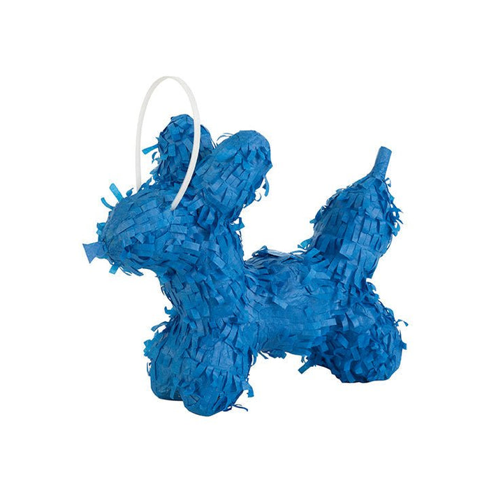 Bright blue pinata-style dog balloon with textured fringe details and a white hanging loop.