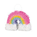 Colorful rainbow pinata with pink top, yellow and green middle stripes, white clouds at the base, and a clear plastic handle for hanging.