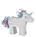 White unicorn pinata with a silver horn, blue eye, colorful star designs on its side, and a flowing mane made of purple, pink, turquoise, and metallic ribbon streamers.