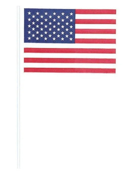 Small American flag with white pole featuring blue canton with white stars and red and white striped design.