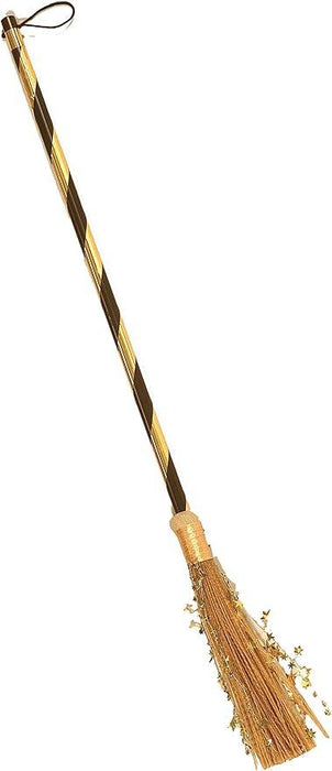 Decorative mini broom with a natural straw bristle base, wrapped handle in tan twine, and a long dark brown and tan striped wooden shaft with a leather loop at the top.