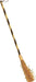 Decorative mini broom with a natural straw bristle base, wrapped handle in tan twine, and a long dark brown and tan striped wooden shaft with a leather loop at the top.