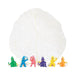 Six colorful mini ninja warrior figurines in green, blue, pink, purple, yellow, and orange with attached parachutes displayed in front of a large translucent white parachute.