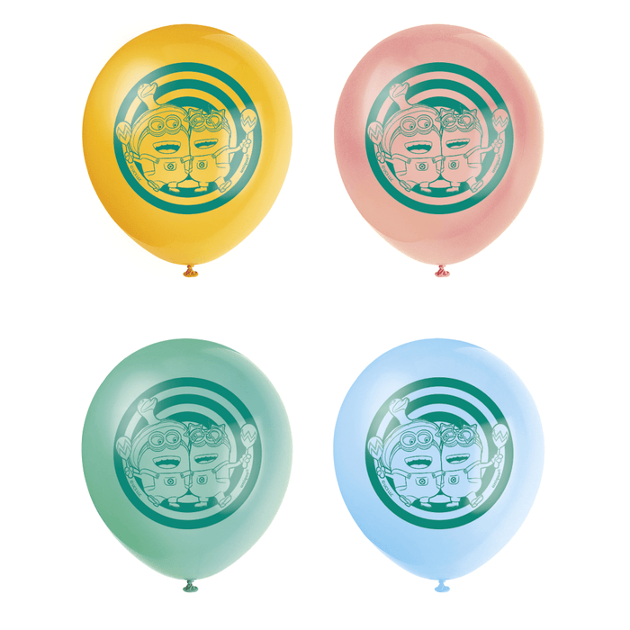 Four balloons in yellow, pink, green, and blue with a design on a white background