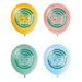 Four balloons in yellow, pink, green, and blue with a design on a white background