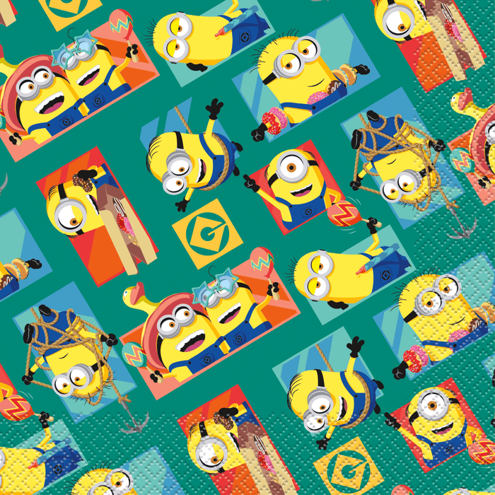 Teal background with repeated pattern of yellow cartoon minions with large eyes in various poses on colorful rectangular panels, surrounded by decorative geometric shapes and patterns.