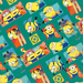 Teal background with repeated pattern of yellow cartoon minions with large eyes in various poses on colorful rectangular panels, surrounded by decorative geometric shapes and patterns.