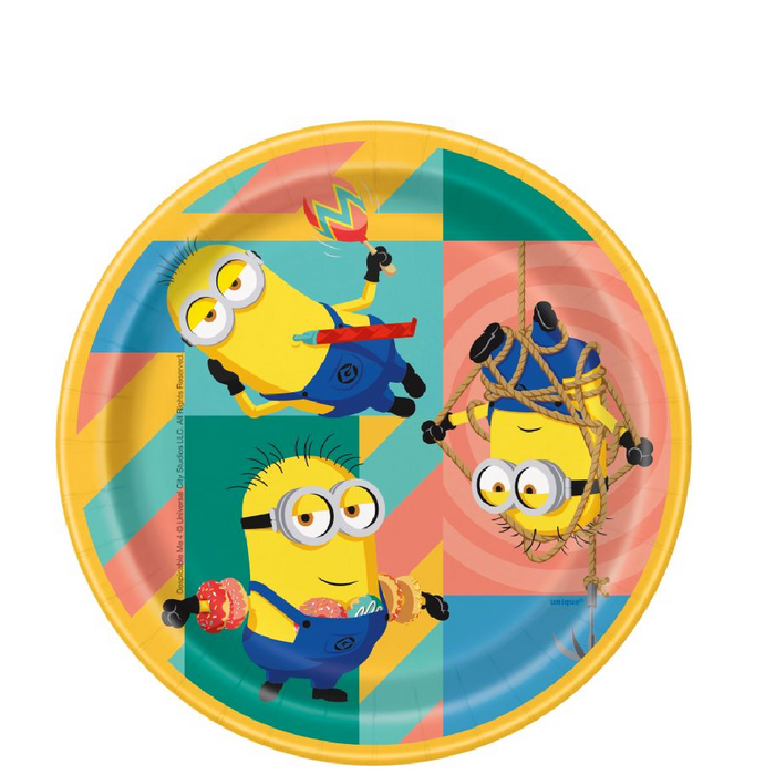 Minions 7-inch paper plate featuring Despicable Me characters, candy, colorful geometric background, and yellow border.