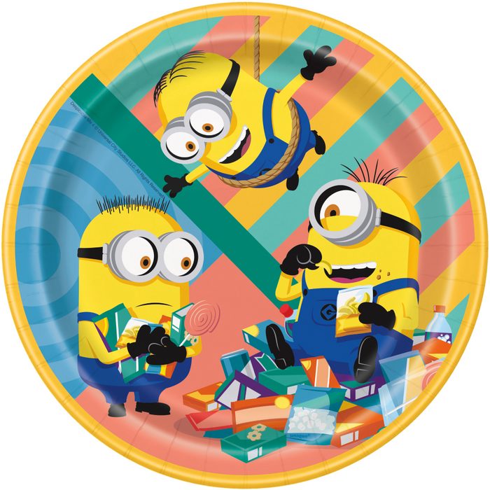 Minions 9-inch paper plate featuring Despicable Me characters with candy, colorful striped background, and yellow border.