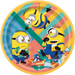 Minions 9-inch paper plate featuring Despicable Me characters with candy, colorful striped background, and yellow border.