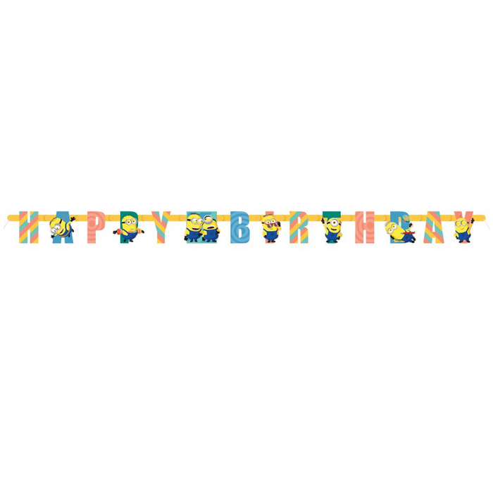 Minions Happy Birthday 6-foot banner with colorful letters and Despicable Me Minions character decorations.