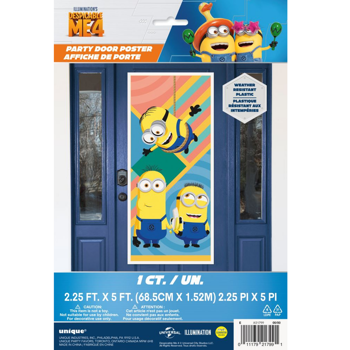 Despicable Me 4 Minions door poster package showing a colorful Minions party poster displayed on a blue front door.