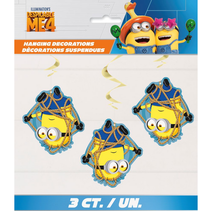Minions Hanging Swirl Decorations package featuring three yellow hanging swirls with Despicable Me Minion character cutouts.