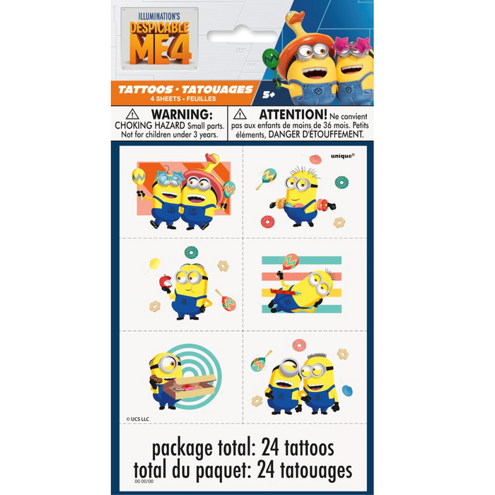Despicable Me 4 Minions temporary tattoos package with 4 sheets and 24 tattoos featuring Minions, candy, donuts, and colorful party designs.