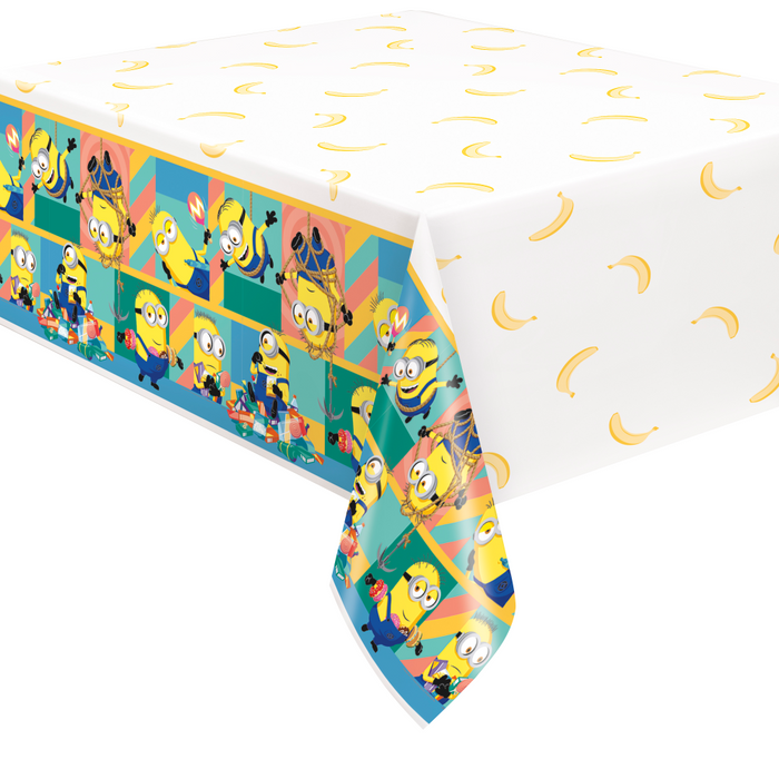 Minions plastic tablecover with a white banana-print top and colorful side panels featuring Despicable Me Minions characters.