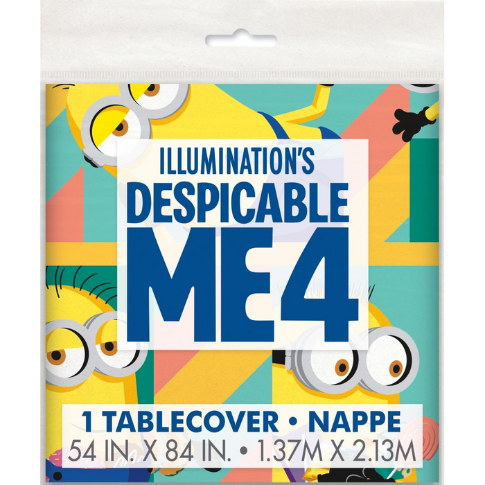Minions Plastic Tablecover package showing Despicable Me 4 branding, Minions artwork, and 54-inch by 84-inch tablecover details.