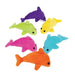 Six colorful plush dolphin toys in purple, green, yellow, pink, cyan, and orange arranged on a white background.