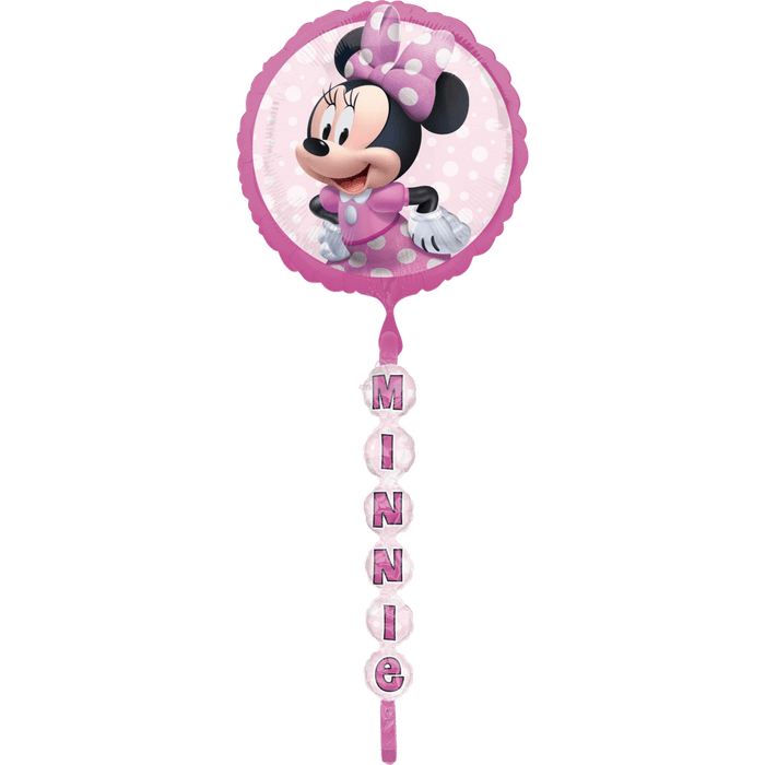 Pink foil balloon featuring Minnie Mouse in a purple polka dot bow and dress, with beaded letter charms spelling "Minnie" hanging below the main balloon character.