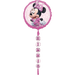 Pink foil balloon featuring Minnie Mouse in a purple polka dot bow and dress, with beaded letter charms spelling "Minnie" hanging below the main balloon character.