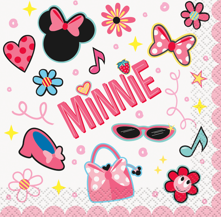 Minnie Mouse beverage napkin featuring a collage of Minnie-themed icons, bows, hearts, flowers, sunglasses, and the word “Minnie” in pink on a white and pink background.
