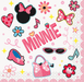 Minnie Mouse beverage napkin featuring a collage of Minnie-themed icons, bows, hearts, flowers, sunglasses, and the word “Minnie” in pink on a white and pink background.