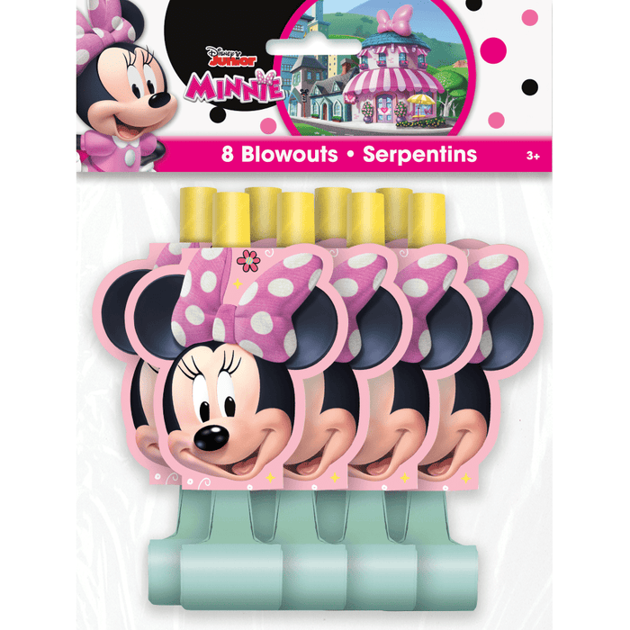 Minnie Mouse party blowouts featuring Minnie’s smiling face with a pink polka-dot bow, pack of 8 noise makers for Minnie Mouse themed birthday parties.