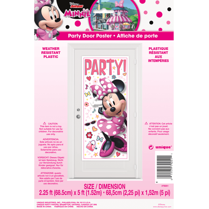 Pink and white party door poster featuring Minnie Mouse in a polka dot bow and dress, surrounded by colorful party decorations and the word "PARTY" in large letters, measuring 2.25 feet by 5 feet.
