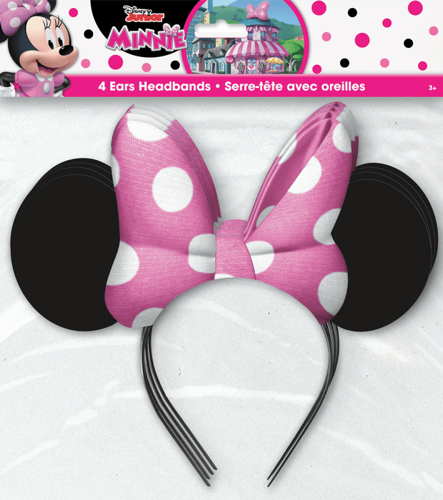 Minnie Mouse ears headbands featuring black Minnie ears with a pink polka-dot bow, pack of four party headbands for Minnie Mouse themed birthday celebrations.