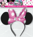 Minnie Mouse ears headbands featuring black Minnie ears with a pink polka-dot bow, pack of four party headbands for Minnie Mouse themed birthday celebrations.