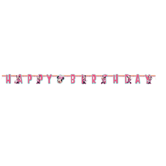 Pink and turquoise "Happy Birthday" banner featuring Minnie Mouse character cutouts interspersed between letters on a coral rope strand.