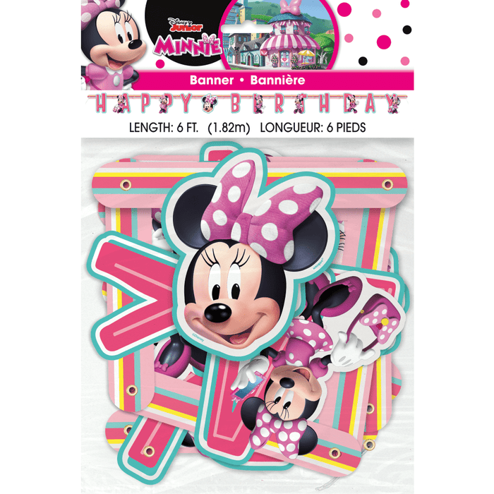 Minnie Mouse Happy Birthday banner in pink and turquoise with striped background, featuring Minnie's face with polka dot bow and a small baby Minnie figure, measuring 6 feet long.