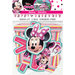 Minnie Mouse Happy Birthday banner in pink and turquoise with striped background, featuring Minnie's face with polka dot bow and a small baby Minnie figure, measuring 6 feet long.