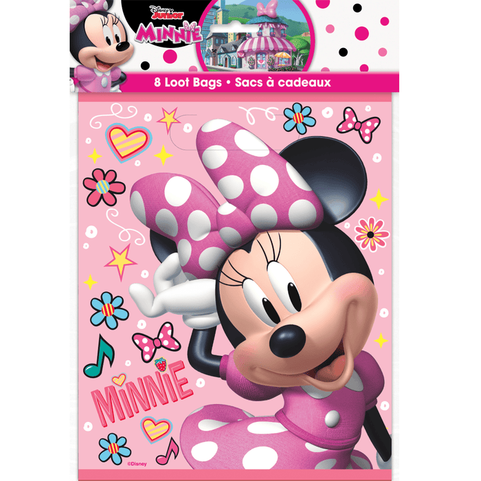 Minnie Mouse loot bags featuring Minnie in a pink polka-dot dress with bows, hearts, and playful icons on a pink background, pack of 8 party favor bags for Minnie Mouse themed birthday parties.