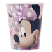 Pink paper cup featuring Minnie Mouse's face and polka-dot bow, decorated with flowers, musical notes, and stars on a light pink background.