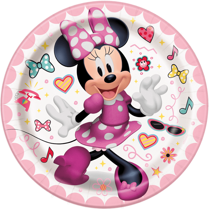 Circular paper plate featuring Minnie Mouse in a magenta polka-dot dress with a matching bow, surrounded by colorful icons including hearts, musical notes, flowers, and sunglasses on a white and pink background.