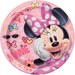 Round pink paper plate featuring Minnie Mouse with purple polka-dot bow and shoes, surrounded by flowers, stars, bows, hearts, sunglasses, and "Minnie" text.