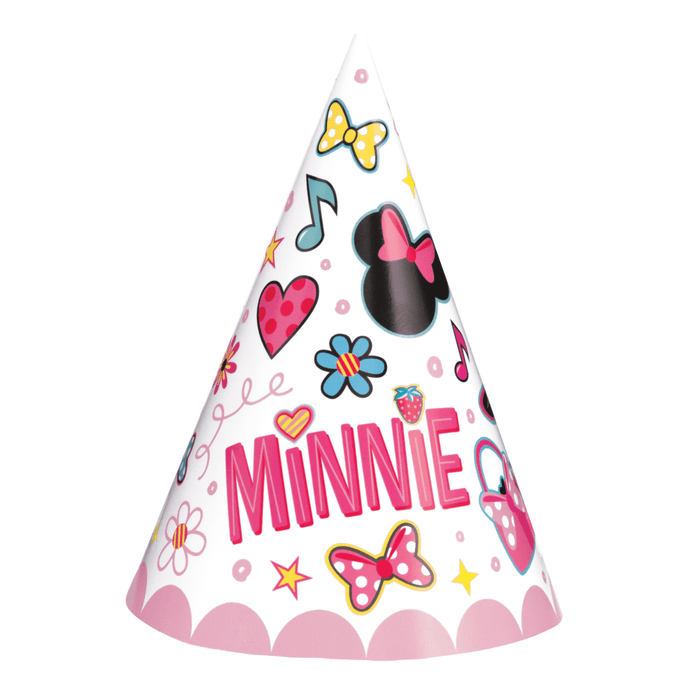 White cone-shaped party hat featuring Minnie Mouse's head with pink bow, yellow polka dot bows, hearts, musical notes, flowers, and "MINNIE" text in large pink letters, with pink scalloped trim at the base.