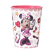 Pink and white plastic cup featuring Minnie Mouse in a purple polka dot dress surrounded by hearts, stars, musical notes, and sunglasses with a scalloped pink rim.