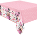 Pink polka dot plastic tablecloth featuring Minnie Mouse in purple polka dot dress with colorful floral designs and text scattered across white side panels.