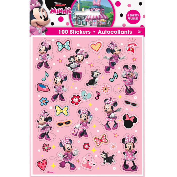 Minnie Mouse sticker sheets featuring Minnie in pink polka-dot outfits with bows, hearts, flowers, and playful icons, 100-count stickers for Minnie Mouse themed parties and crafts.