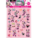 Minnie Mouse sticker sheets featuring Minnie in pink polka-dot outfits with bows, hearts, flowers, and playful icons, 100-count stickers for Minnie Mouse themed parties and crafts.