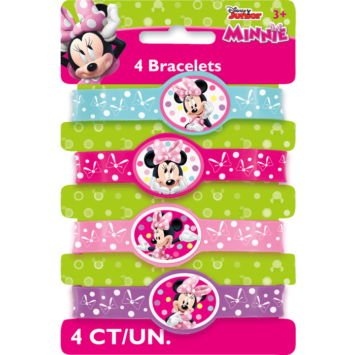 Four colorful stretchy bracelets featuring Minnie Mouse designs in pink, green, and purple with polka dots and bow patterns.