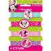 Four colorful stretchy bracelets featuring Minnie Mouse designs in pink, green, and purple with polka dots and bow patterns.