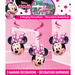 Three pink hanging decorations featuring Minnie Mouse faces with black ears and polka dot bows, displayed against a pink room background.