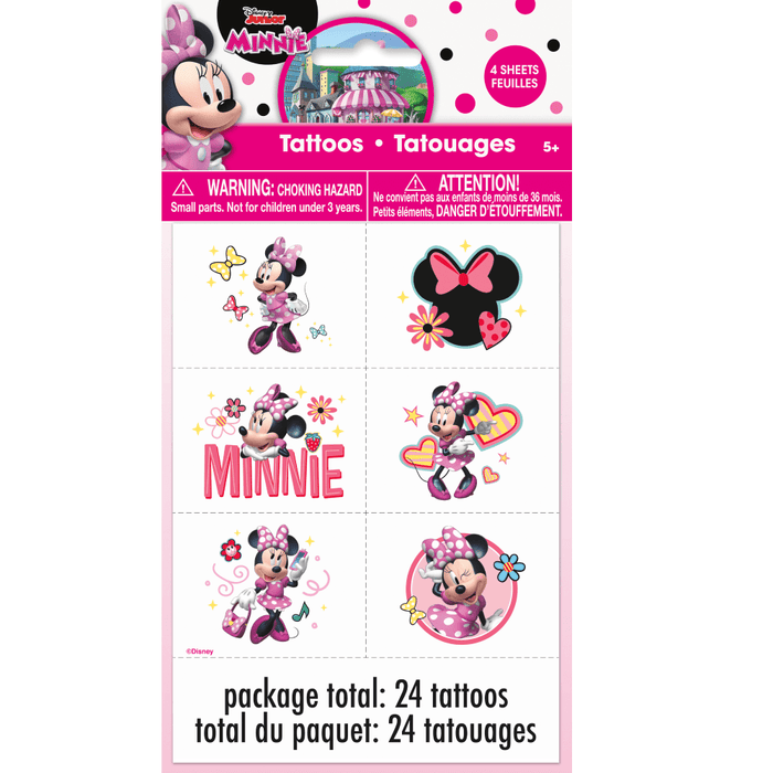 Minnie Mouse temporary tattoos featuring Minnie, bows, hearts, and colorful designs, 24-count party favor tattoos for Minnie Mouse themed birthday celebrations.